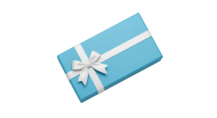 A blue gift box with a white ribbon and bow on a png transparent