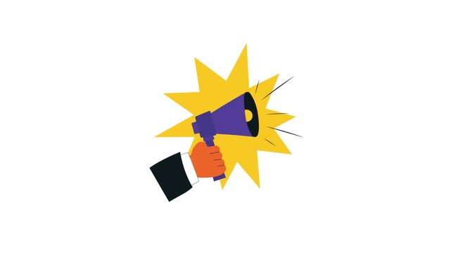4k Hand Holding Megaphone with Burst. Offer Advertisement Concept Animation Video 
