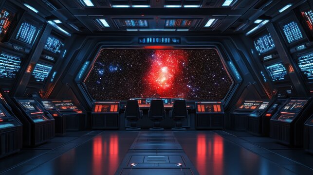 Starship bridge interior with holographic star map in space