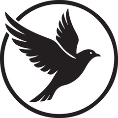 A sleek black silhouette of a bird in flight within a circular frame