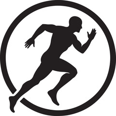 A simple black silhouette of a person running inside a circular frame