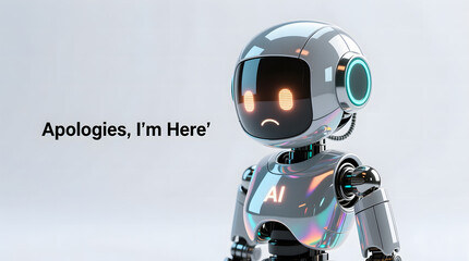 A sad or apologetic robot with a glowing unhappy face, centered for system error or 'sorry' messages.