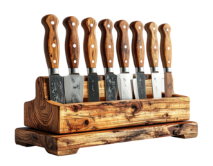 Rustic wooden knife block holds eight knives with wooden handles