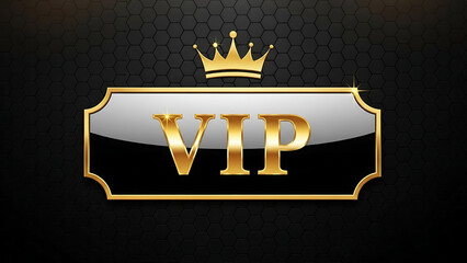 Golden vip label with crown on black hexagonal background
