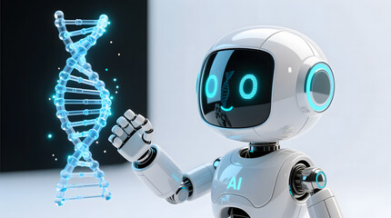 A friendly AI robot examining a glowing, holographic DNA helix, symbolizing genetic research and biotechnology.