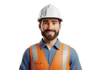 Smiling construction worker in hard hat and safety vest isolated on transparent background