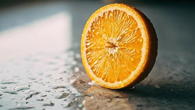 Close-up of a wet orange slice on a reflective surface with water droplets.