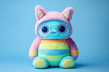 Colorful Plush Toy with Cat Ears and Happy Expression on Blue Background