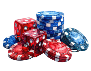 Watercolor rendering of red dice, casino chips, stacks, gambling concept