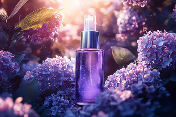 Elegant purple bottle surrounded by blooming lilacs in sunlight