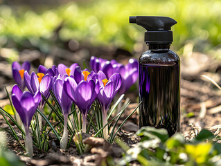 Purple Flowers Beside Dark Glass Spray Bottle in Garden Setting