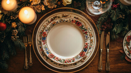 Elegant Table Setting with Floral Dinnerware and Candles