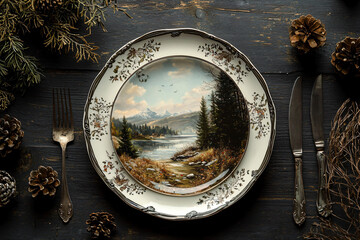 Scenic Nature Landscape on Antique Plate with Table Setting Accents