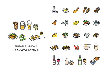 居酒屋の食べ物や飲み物のアイコンセット（カラー）