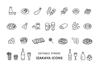 居酒屋の食べ物や飲み物のアイコンセット（モノクロ）