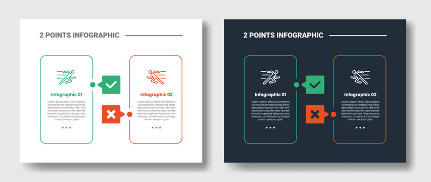 2 points step comparison opposite infographic with vertical box container with correct and wrong badge with dark and light version set with outline style flat