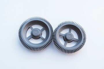 hyper-realistic 3d render of two gray gears with sharp teeth on white background for engineering and technology concepts