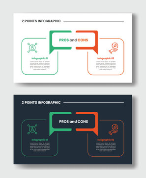 2 points step comparison opposite infographic with pros and cons with square round rectangle with discussion box with dark and light version set with outline style flat