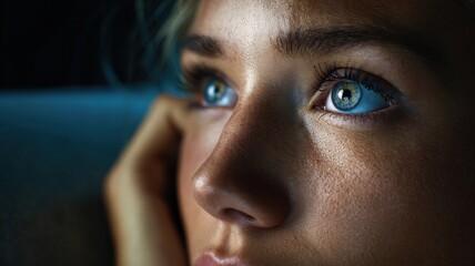 close-up, young woman's face lit by movie screen, wide-eyed and emotional, soft blue light, cinematic, sharp focus on eyes, authentic reaction