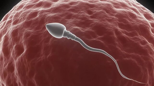 Ultra-detailed educational animation of a sperm cell swimming toward the zona pellucida of the egg, tail motion perfectly sinusoidal, egg surface textured with microvilli