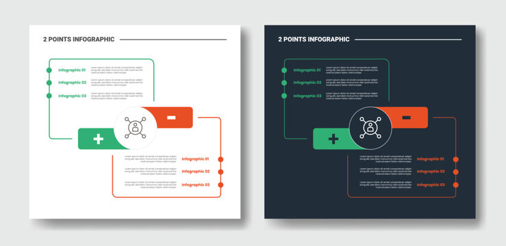 2 points step comparison opposite infographic with circle center with rectangle box vertical opposite with dark and light version set with outline style flat
