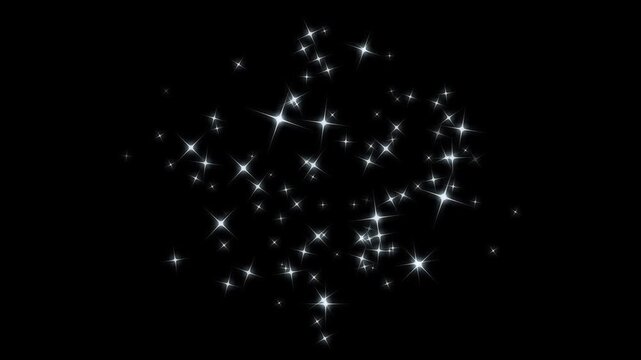 Twinkling white stars animation with glitter sparkle trail, glowing doodle star particles, blinking cartoon twinkle effect, magic fairy stars, seamless looping transition on black and black screen. 4k