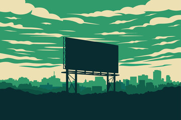Stunning blank billboard silhouette overlooking a vibrant green city skyline under dramatic stylized clouds