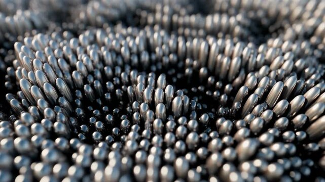 Abstract close-up of a textured surface made of countless small, metallic, bullet-shaped elements creating an undulating pattern.