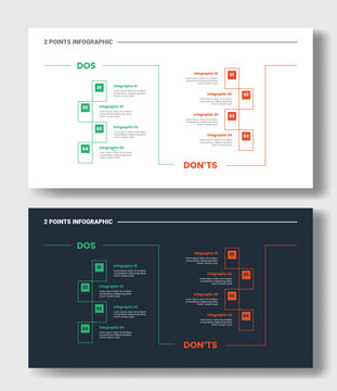 2 points step comparison opposite infographic with creative flip line create box container with do and dont sign with dark and light version set with outline style flat