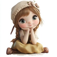 Charming doll with big green eyes and braids, sweet smile, in a vintage dress and beret - perfect for children's books, fairy tales and whimsical designs.