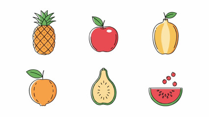 Collection of six colorful cartoon fruits including pineapple apple guava orange fig and watermelon slices.