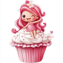 Adorable pink haired girl perched atop a cupcake with hearts, perfect for birthdays, party invitations, and sweet celebrations