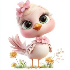 Adorable whimsical bird character with pink flowers in a serene meadow for delightful storybooks, greeting cards, and enchanting children's designs