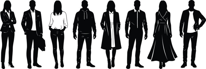 Diverse business and casual people silhouettes standing in lineup isolated on white background representing modern lifestyle teamwork diversity