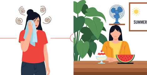  Young woman suffering from summer heat stroke sweating and wiping face with towel and girl cooling down with electric fan watermelon and ice cream flat vector illustration.