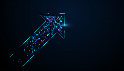 A moving up  shape emerges from scattered pixels, Vertical digital trails form a bold arrow, evoking accelerating fintech expansion