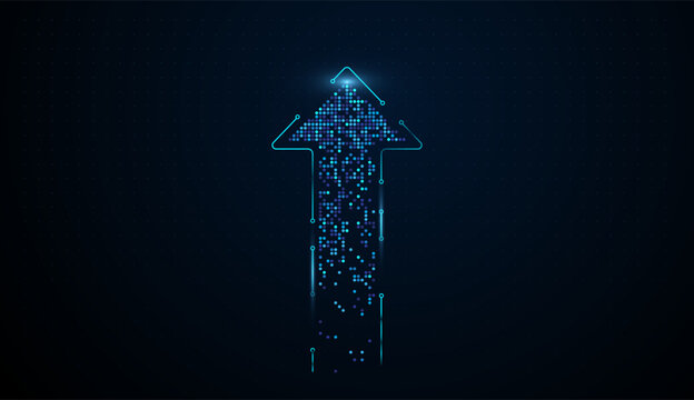A digital glowing blue arrow made of digital particles rises, symbolizing powerful tech‑driven financial growth. Floating data points stream upward into an arrow