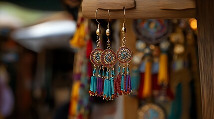 Exquisite bohemian tassel earrings with intricate beadwork hanging from a rustic wooden display at an outdoor market