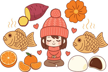 Cute chibi girl in winter hat with traditional Japanese snacks including taiyaki fish cakes sweet potato mochi and oranges cozy autumn seasonal food flat vector illustration