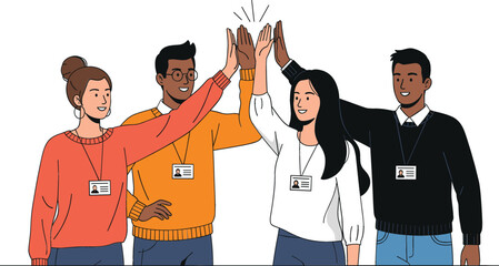  Diverse business team of young professional colleagues giving high five together celebrating success corporate teamwork partnership cooperation in modern office flat vector illustration