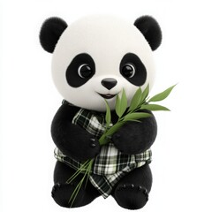 Adorable cartoon panda holding bamboo shoots wearing a stylish plaid shirt, ideal for children's books, playful designs, and heartwarming stories