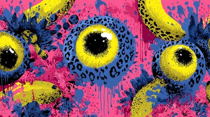 Pop art pattern of vibrant yellow and sky blue bananas with black leopard spots on a hot pink background Pop Art Prints, Retro Fruit Patterns, Bold Fashion Graphics