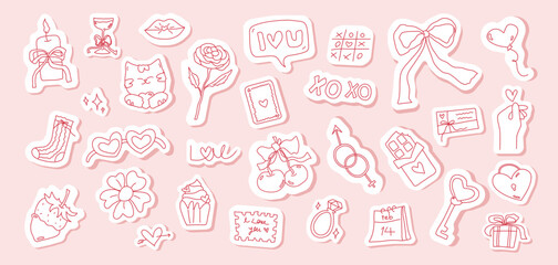 Valentine's Day celebration stickers with romantic symbols. Vector illustration
