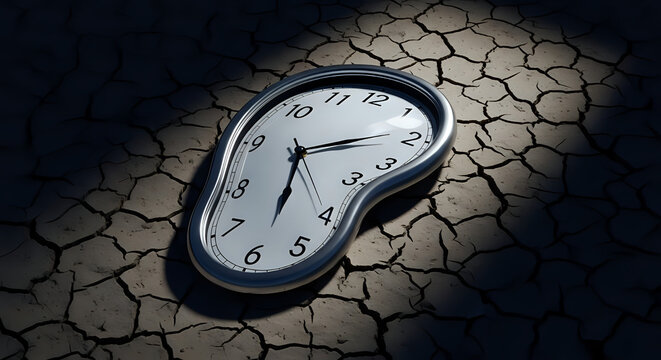 Melting clock on cracked earth surface with dramatic lighting effect