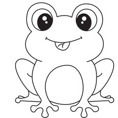 Happy frog sitting line art with smiling face ideal for greeting cards, party invites, and children’s activity sheets.