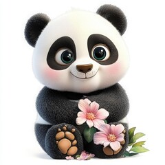Adorable panda holding pink blossoms radiates gentle charm and is perfect for children's book illustrations or heartfelt greeting cards, bringing joy and wonder