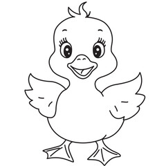 Smiling duckling line art with open wings perfect for nursery prints, birthday cards, and children’s illustrations.