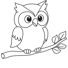 Happy owl on branch line art with soft features great for greeting cards, scrapbooks, and kid-friendly digital projects.