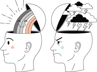  Mental health concept illustration showing positive and negative emotions with a smiling rainbow and dark storm clouds inside human heads for psychology.