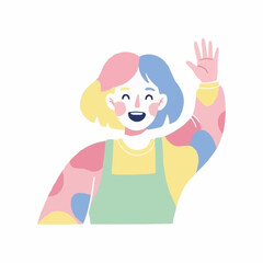 A cheerful person with colorful hair and clothes waving hello.